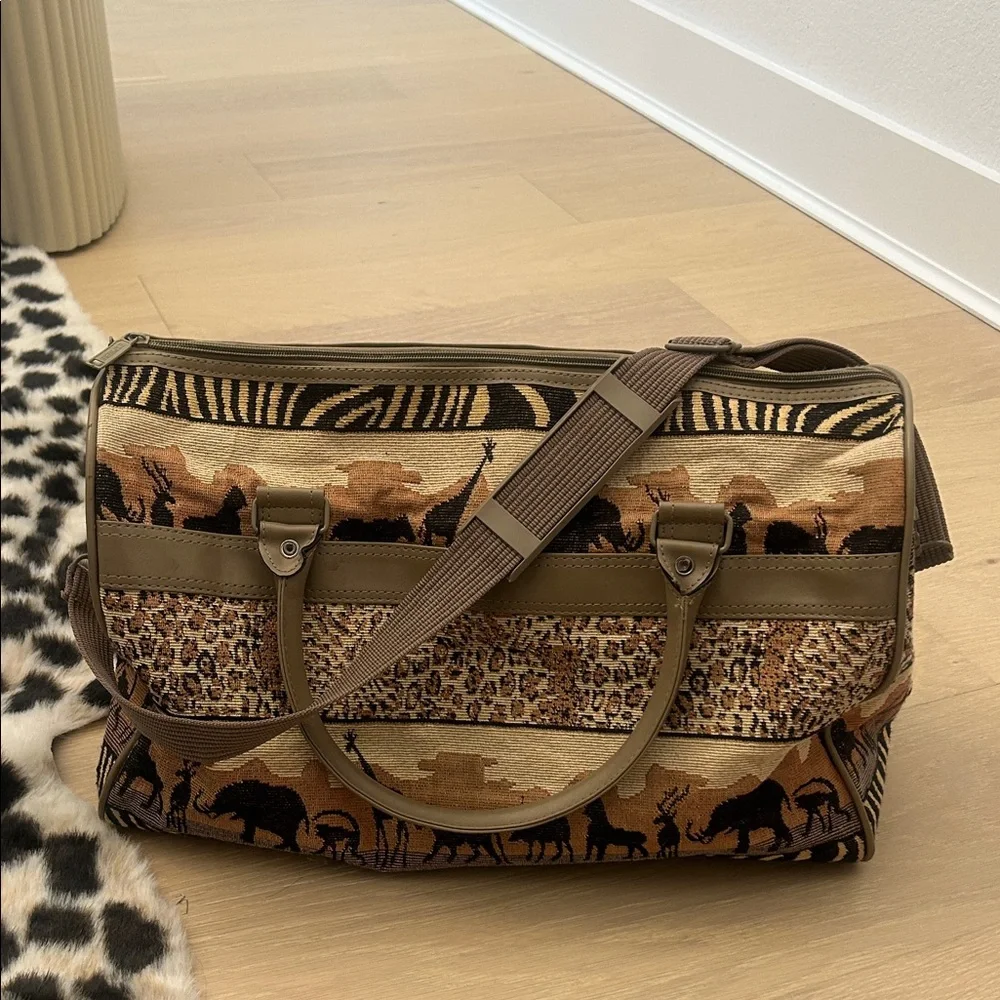 Animal-Print Garment Travel Bag in Tan safari theme